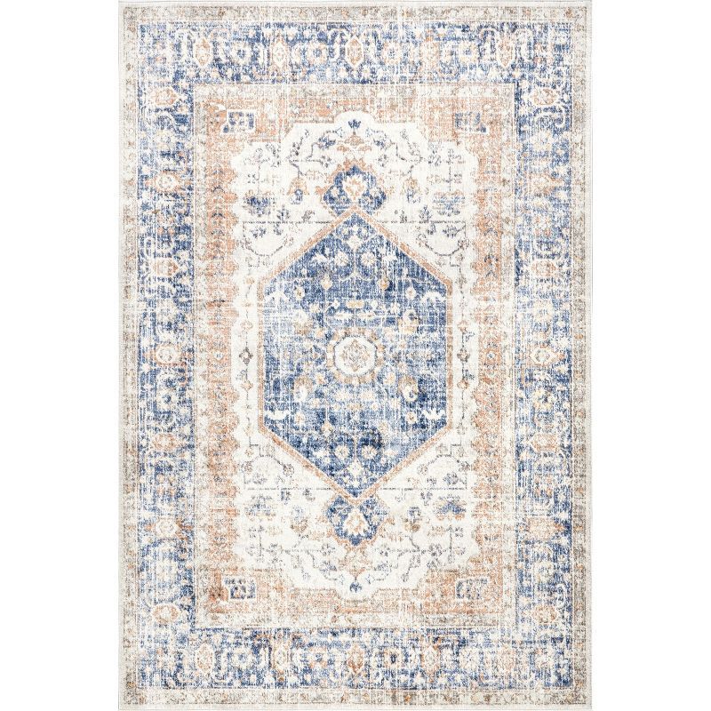 Vintage Blue Floral Rectangular Easy Care Area Rug