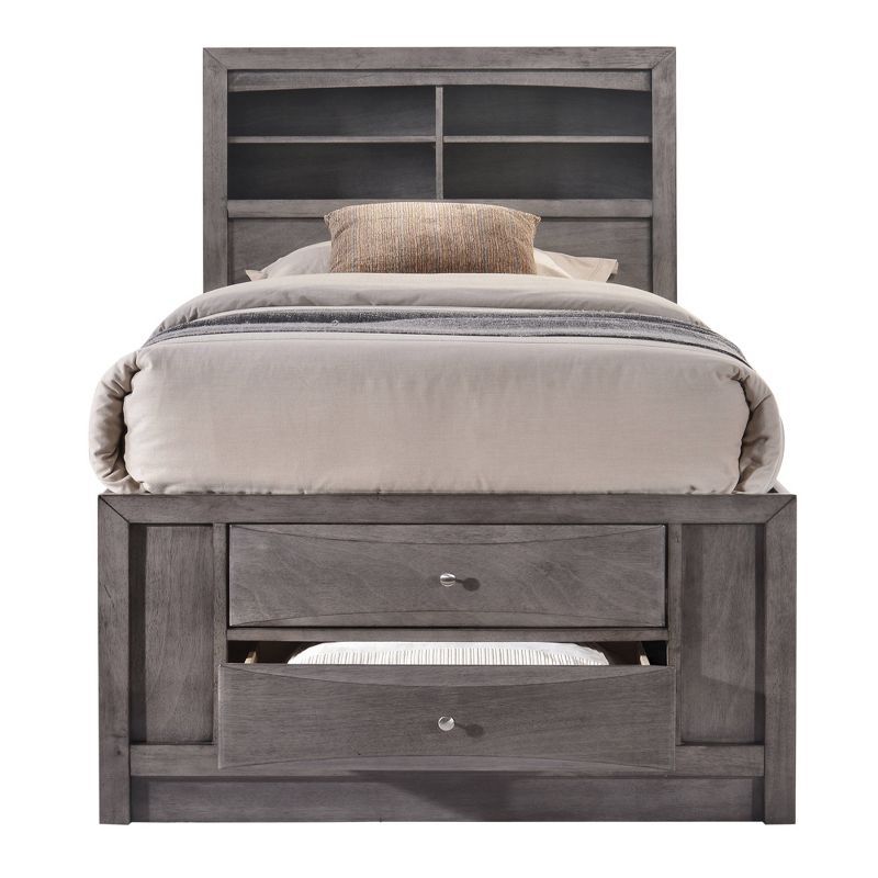 Transitional Twin Gray Upholstered Bookcase Bed with Storage