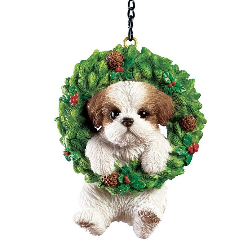 Hand-Painted Brown Shih Tzu in Evergreen Wreath Ornament