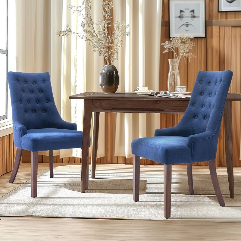 Blue Upholstered Wingback Side Chairs with Wood Legs, Set of 2