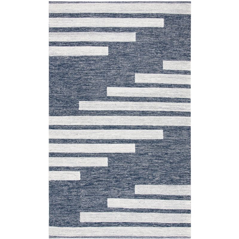 Navy and Ivory Striped Wool Kilim Area Rug, 8' x 10'