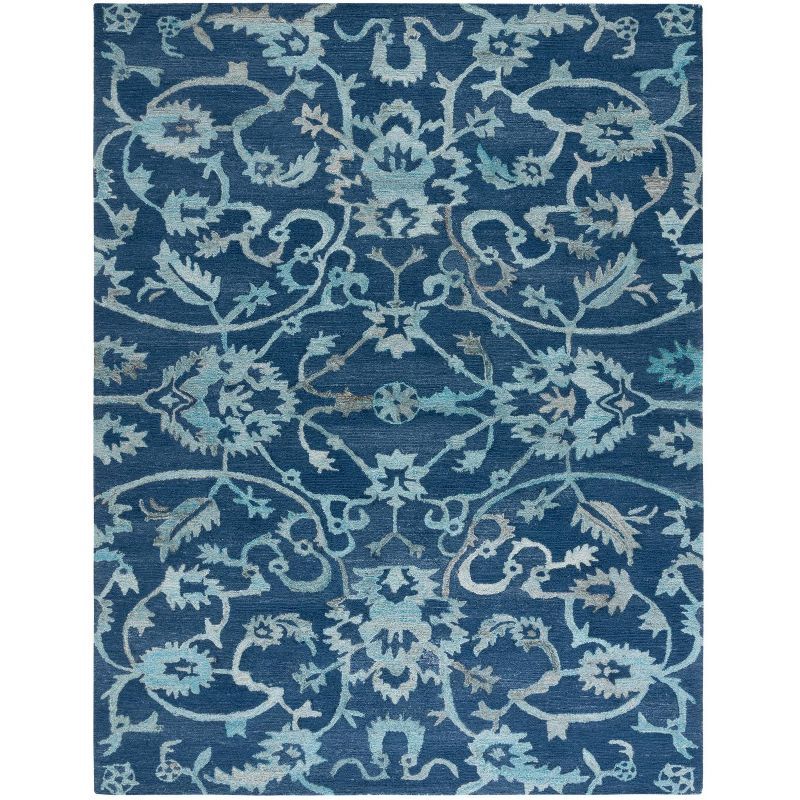 Navy Blue Floral Hand Tufted Wool Area Rug, 8' x 10'