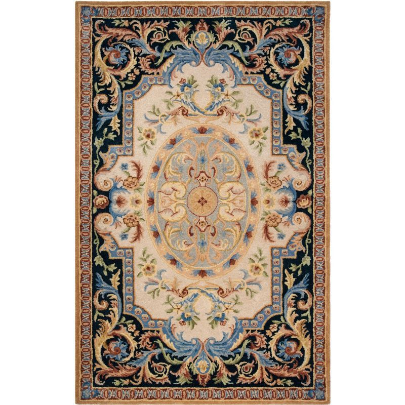 Ivory and Navy Floral Hand-Tufted Wool 8' x 10' Area Rug