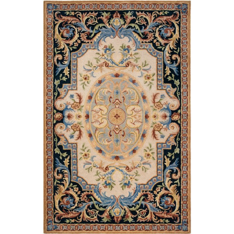 Ivory and Navy Handmade Wool Floral Area Rug