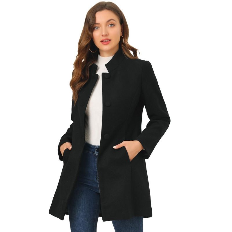 Women's Black Wool Blend Stand Collar Overcoat