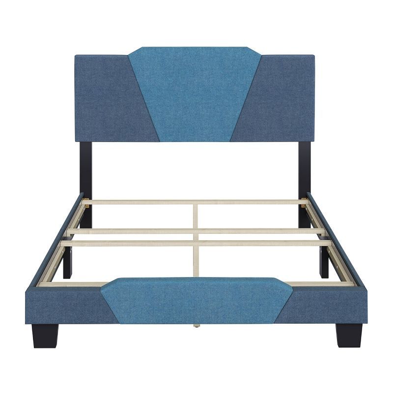 Queen Blue Upholstered Wood Frame Bed with Linen Headboard