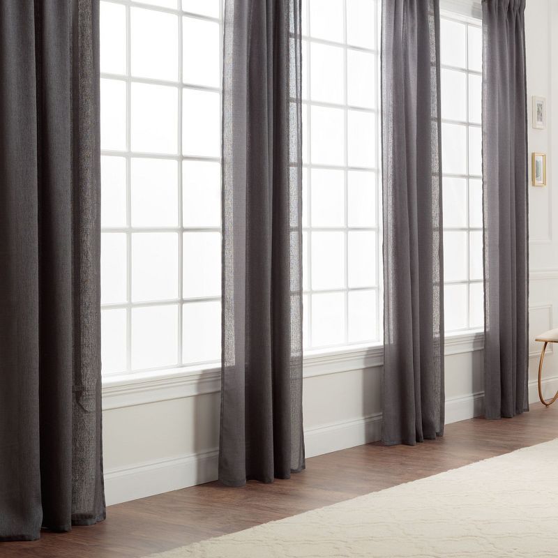 Dark Gray Faux Belgian Flax Semi-Sheer Window Curtain Panels, 52 x 63 Inches