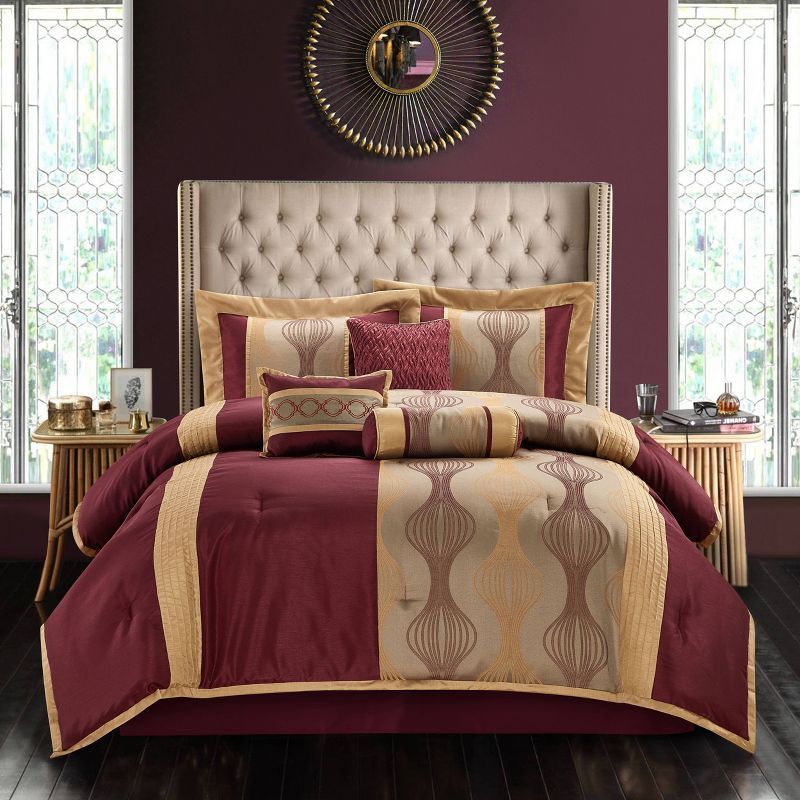 Queen Wine and Gold Microfiber 7-Piece Comforter Set