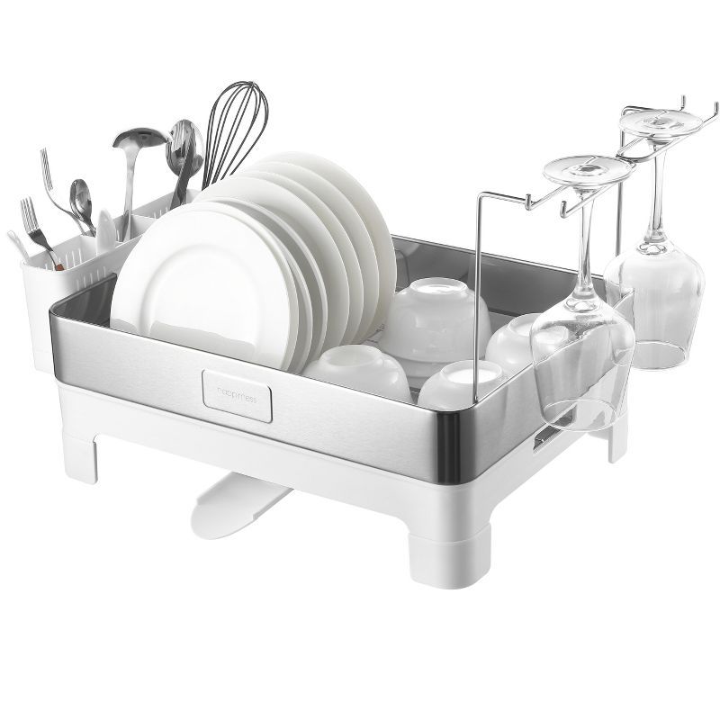 Stainless Steel and White Dish Drying Rack with Utensil Cup