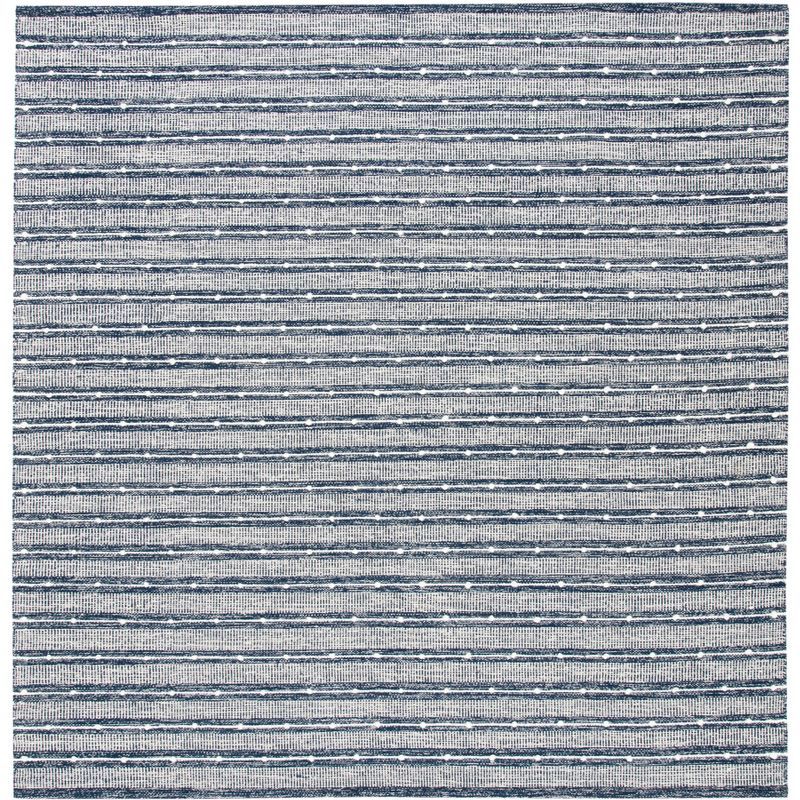 Handwoven Navy Blue Striped Kilim Square Wool-Cotton Rug