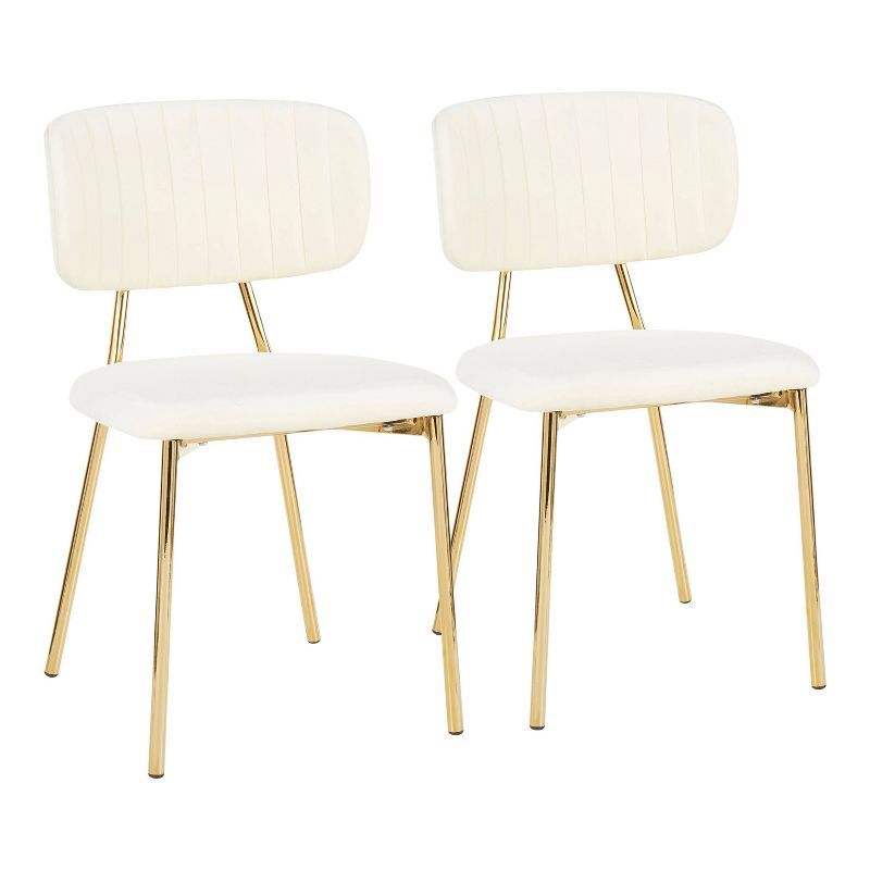 Set of 2 Cream Velvet Upholstered Side Chairs with Gold Metal Legs