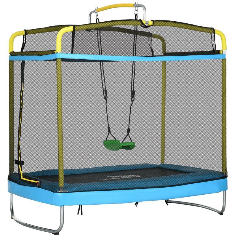 Light Blue Kids' Trampoline with Enclosure and Swing