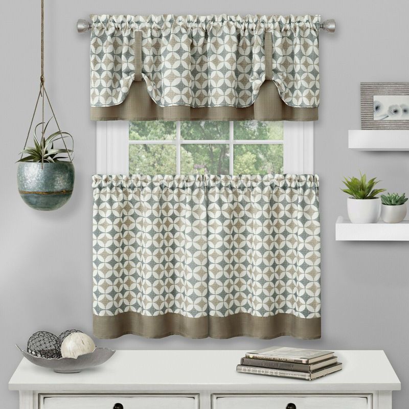 Taupe Geometric Polyester Kitchen Curtain Tier and Valance Set