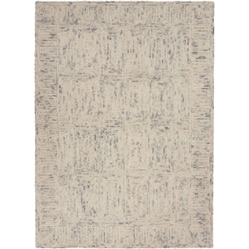 Handmade Ivory, Grey, and Teal Wool Area Rug 5' x 7'