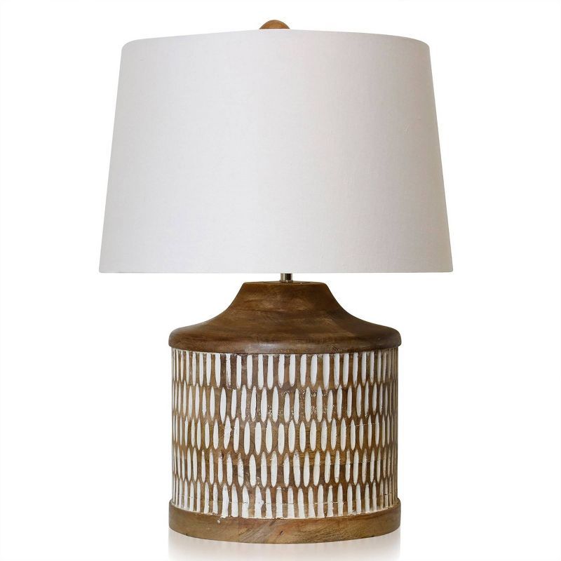 Natural and White Carved Wood Table Lamp with Cotton Shade