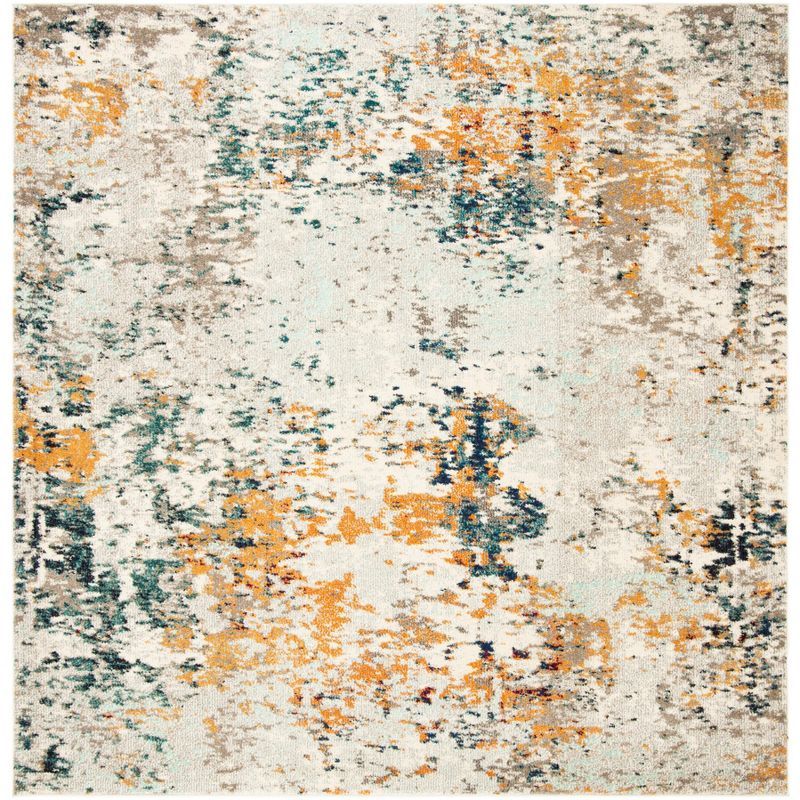 4' Square Gray and Beige Synthetic Abstract Area Rug