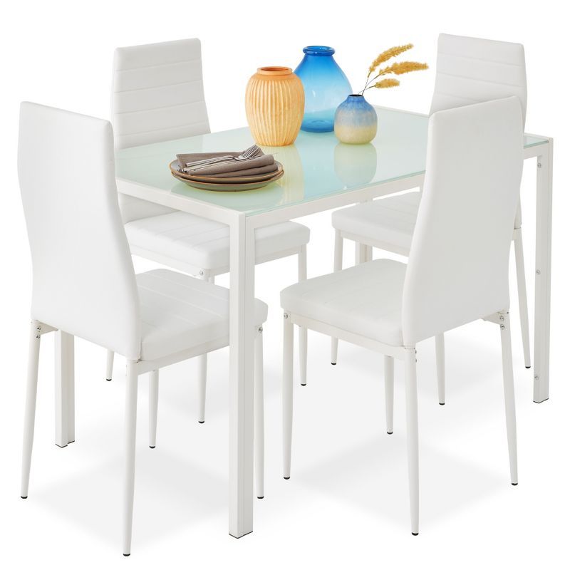 White Glass Top Dining Table Set with 4 Faux Leather Chairs