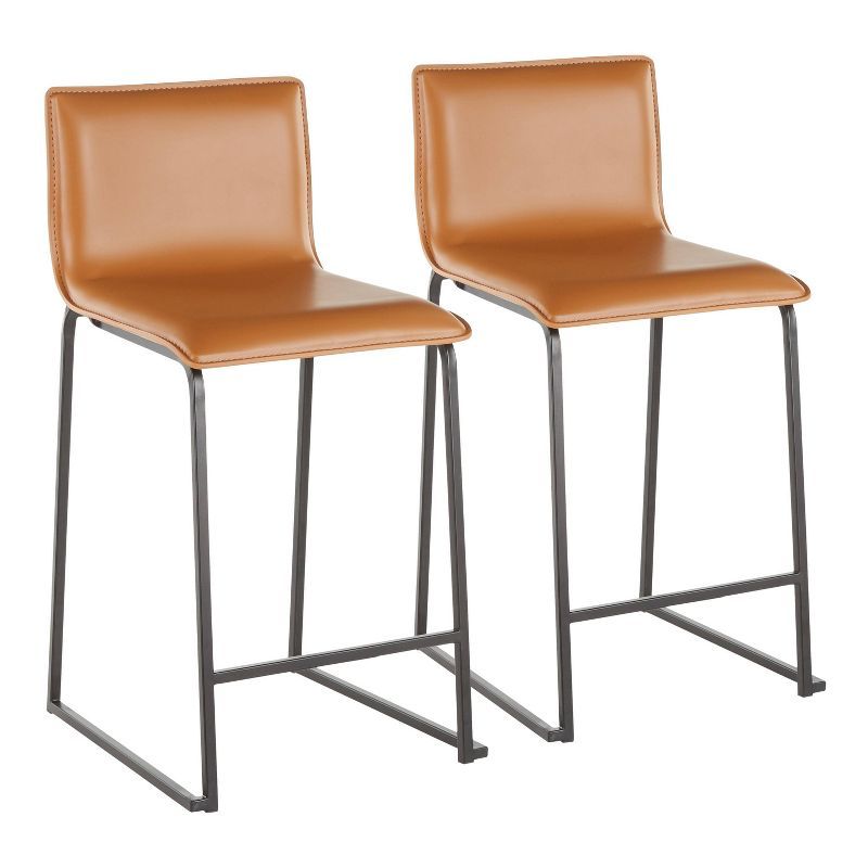 Mara 26" Black Metal and Camel Faux Leather Counter Stools, Set of 2