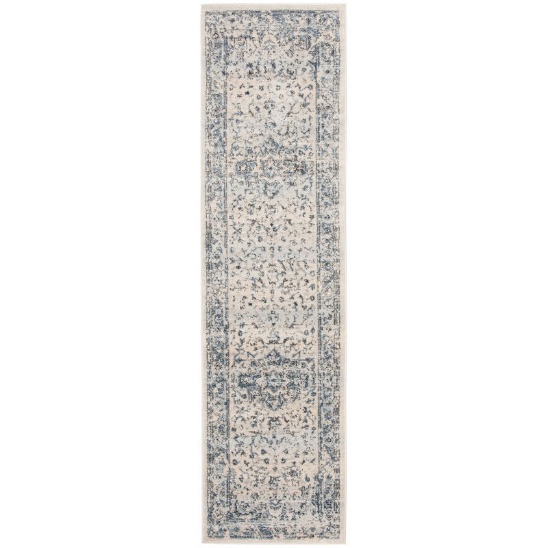 Ivory and Navy Floral Motif Low Pile Runner Rug