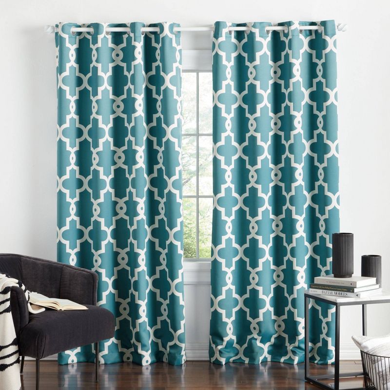 Teal and White Geometric Blackout Grommet Curtain Panels, 52x84