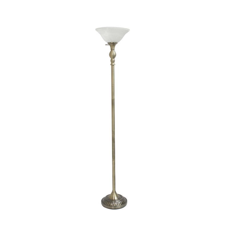 Antique Brass Torchiere Floor Lamp with Marbleized Glass Shade