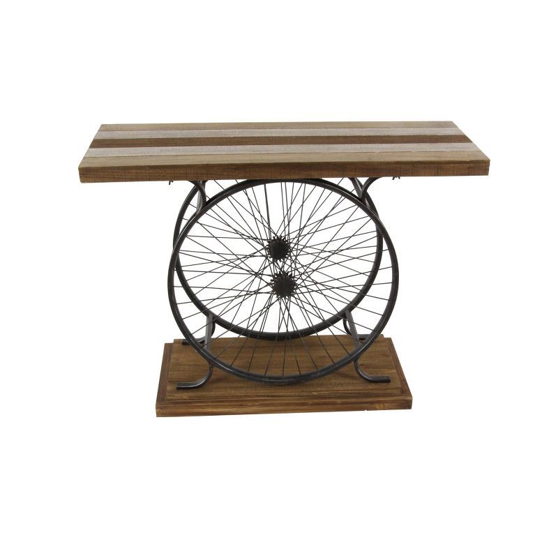 Industrial Brown Wood and Metal Wheel Console Table with Storage