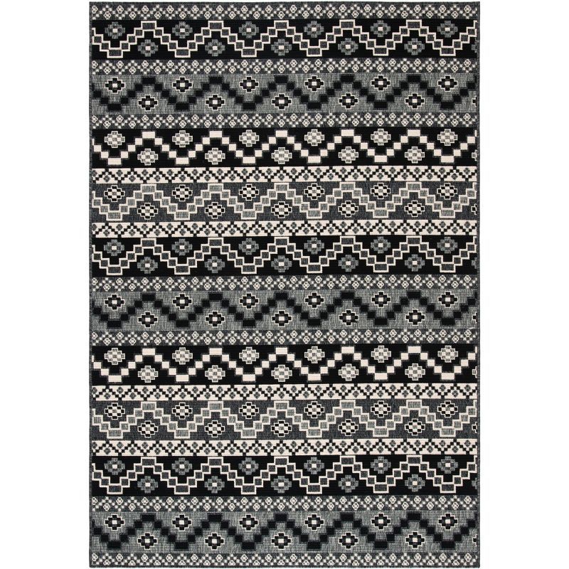 Black and Beige Round Synthetic Indoor/Outdoor Rug