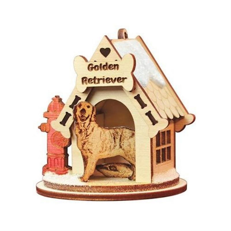 Golden Retriever Wooden Doghouse Christmas Ornament with Light