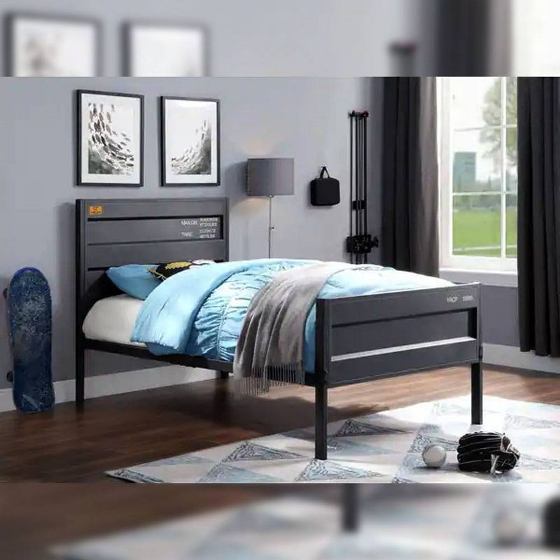 Gunmetal Full Size Metal Bed with Wood Headboard and Drawer