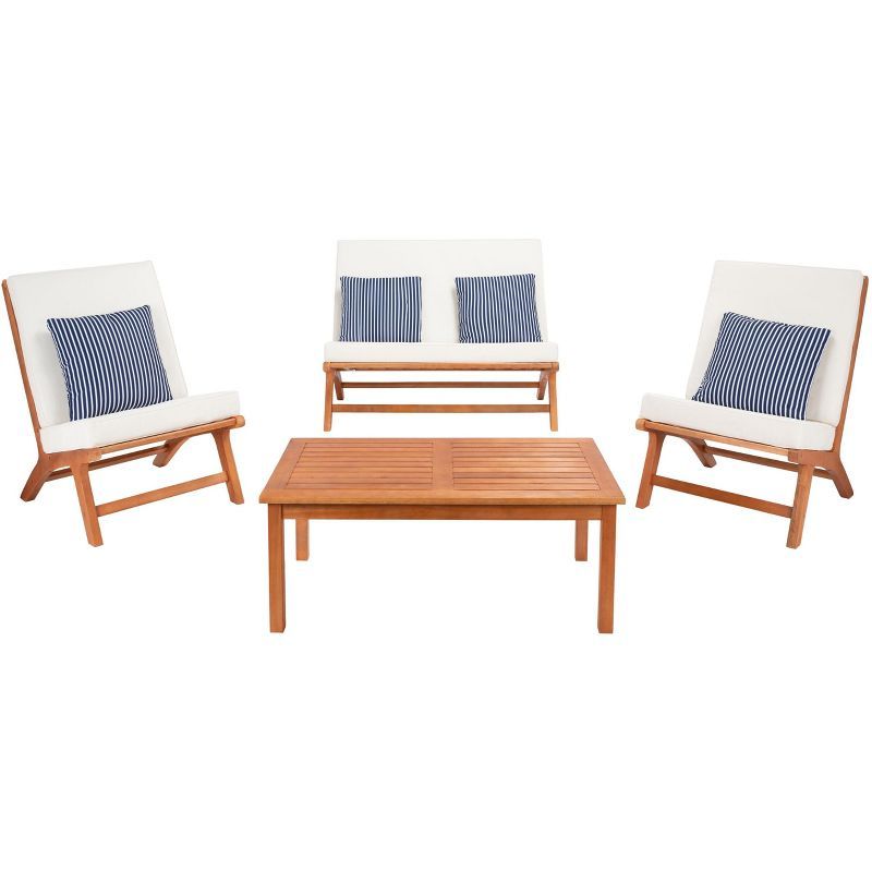 Natural Wood 4-Piece Patio Set with Beige Cushions and Navy Striped Pillows