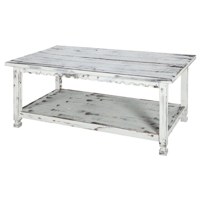 Country Cottage Antique White Wood Coffee Table with Shelf