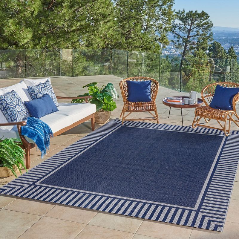 Navy and Gray Striped Polypropylene Indoor Outdoor Area Rug 9x13