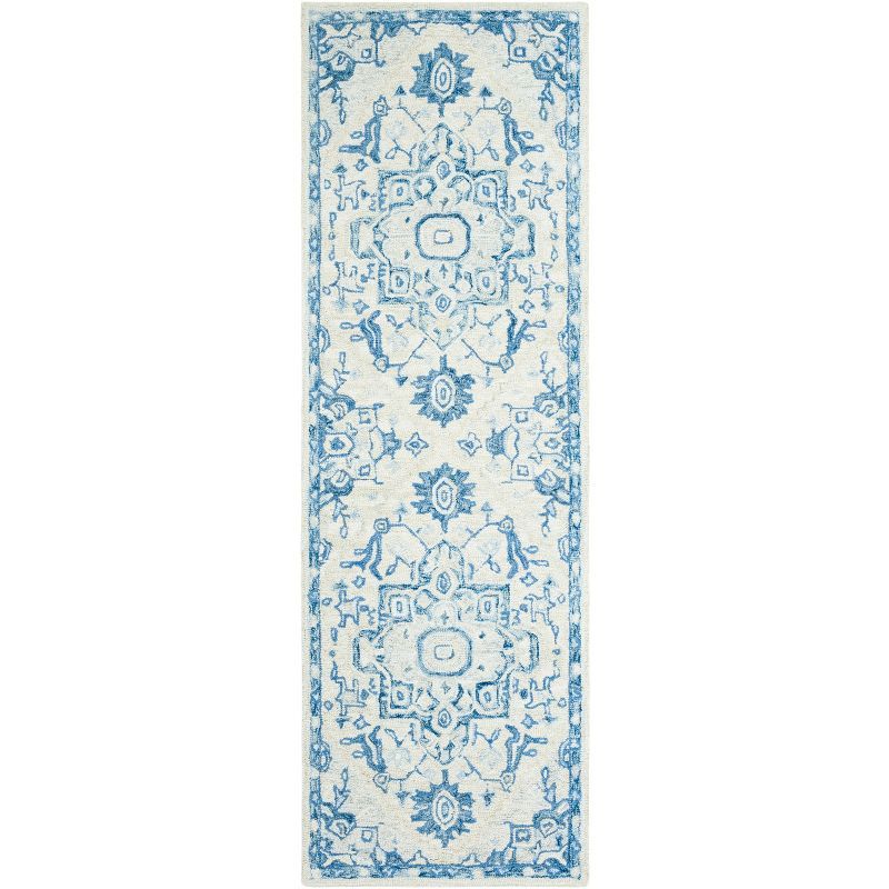 Ivory and Blue Handmade Wool Runner Rug