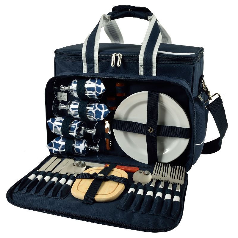 Navy Blue Insulated Picnic Cooler Bag with Wooden Accessories