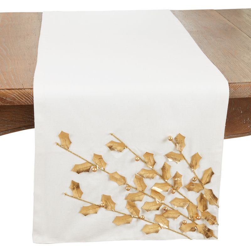 Elegant White and Gold Poinsettia Branch Table Runner