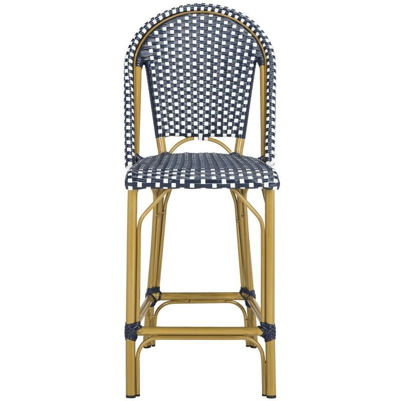 Navy and White French Bistro-Inspired Counter Stool with Wicker Accents