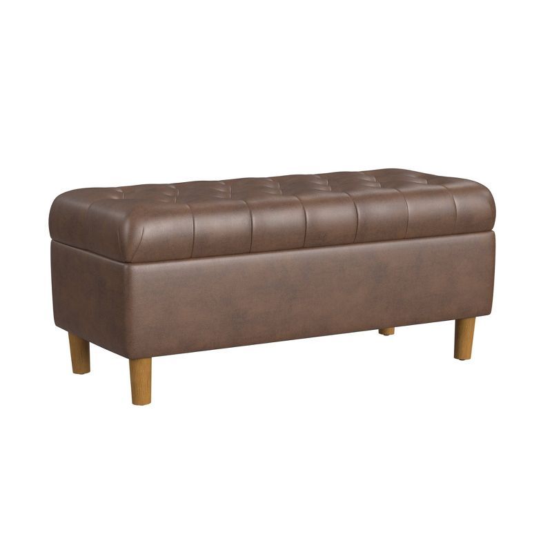 Brown Faux Leather Tufted Storage Bench with Oak Legs