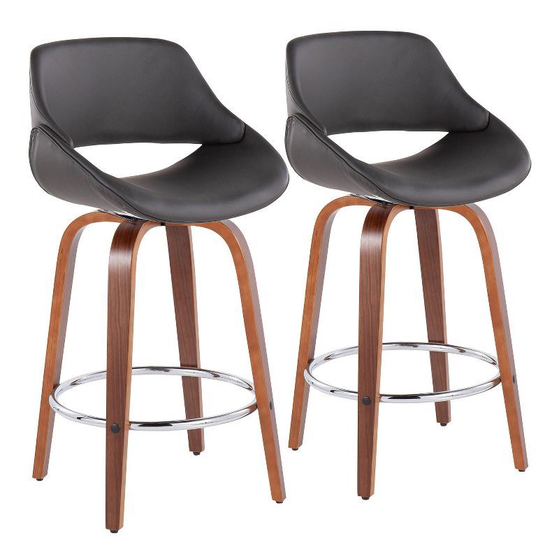 Flared Walnut & Chrome Swivel Counter Stool in Grey - Set of 2