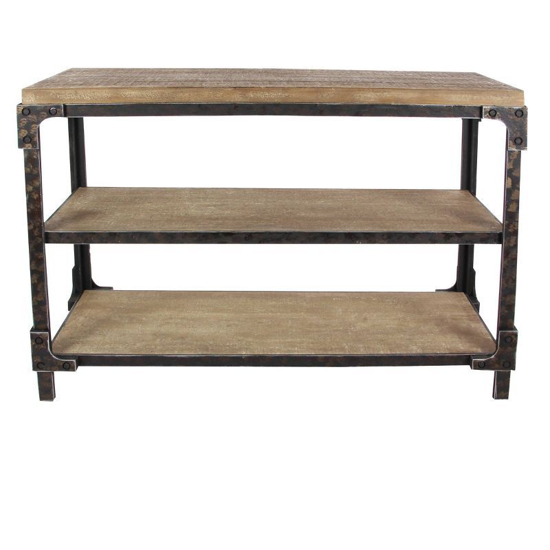 Brown Industrial Wood and Metal 3-Tier Console Table with Storage