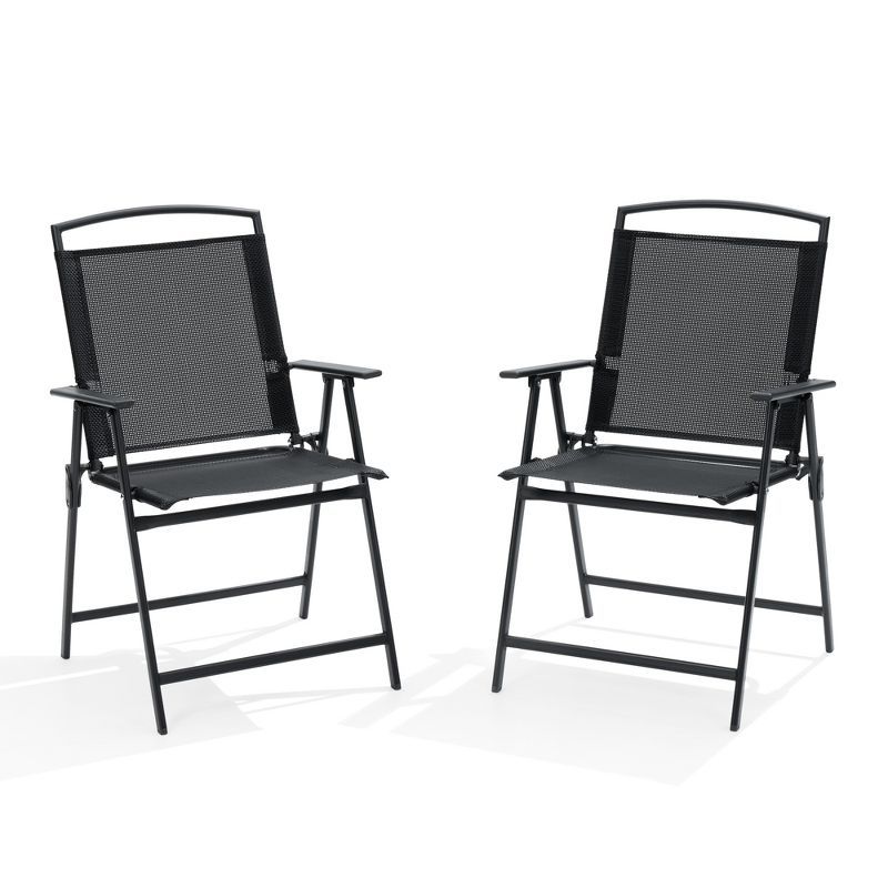 Black Steel Frame Folding Patio Dining Chairs with Armrests, Set of 2