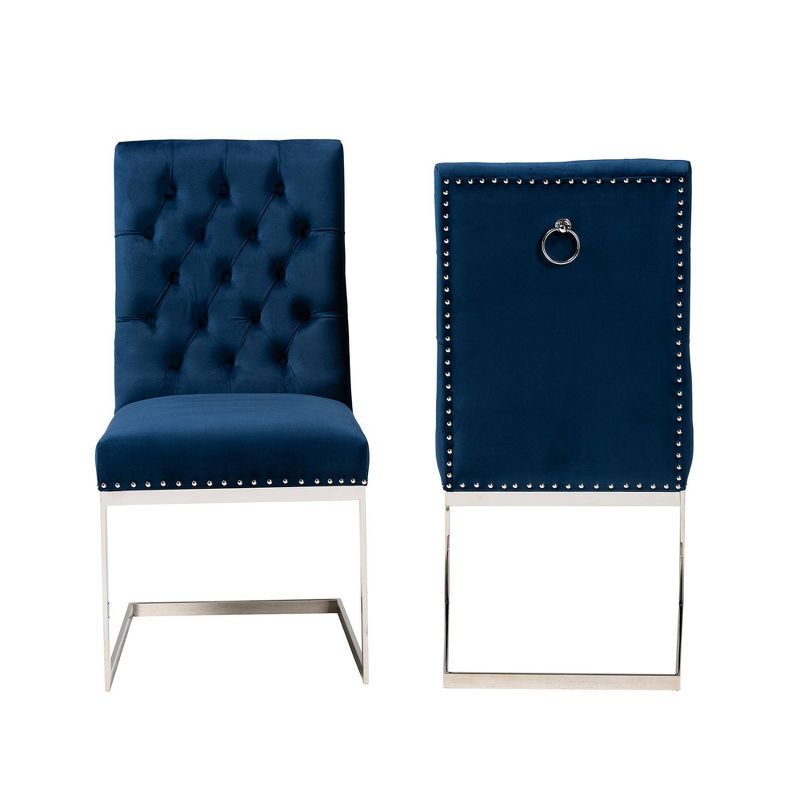 Navy Blue Velvet Upholstered Dining Chair with Silver Metal Frame