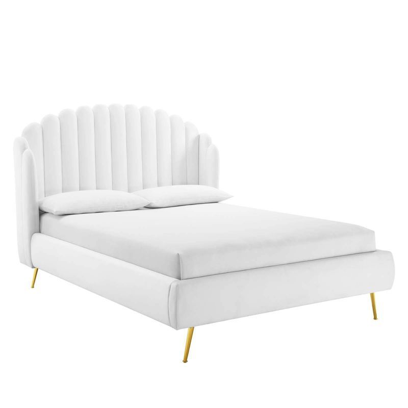 Queen White Velvet Upholstered Wingback Platform Bed with Tufted Headboard