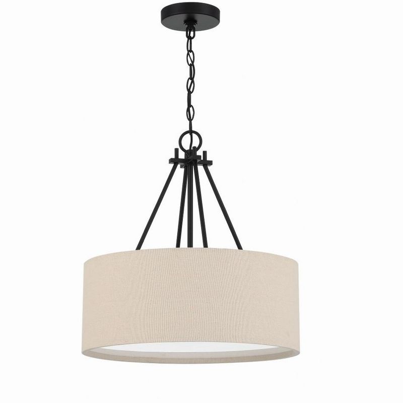Duke Flat Black 3-Light Pendant with Beige Linen Drum Shade