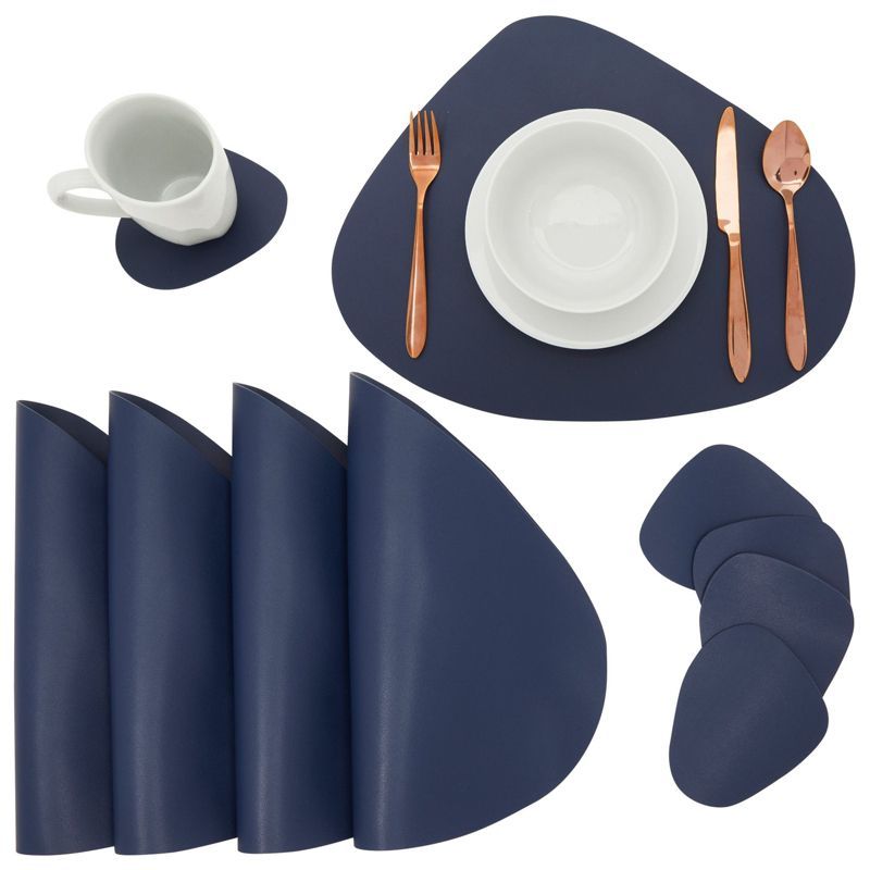 Navy Blue Faux Leather Placemats with Coasters, Set of 8