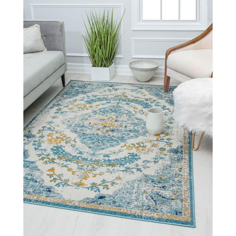 Ivory and Blue Rectangular Synthetic Vintage Area Rug, 5' x 7'