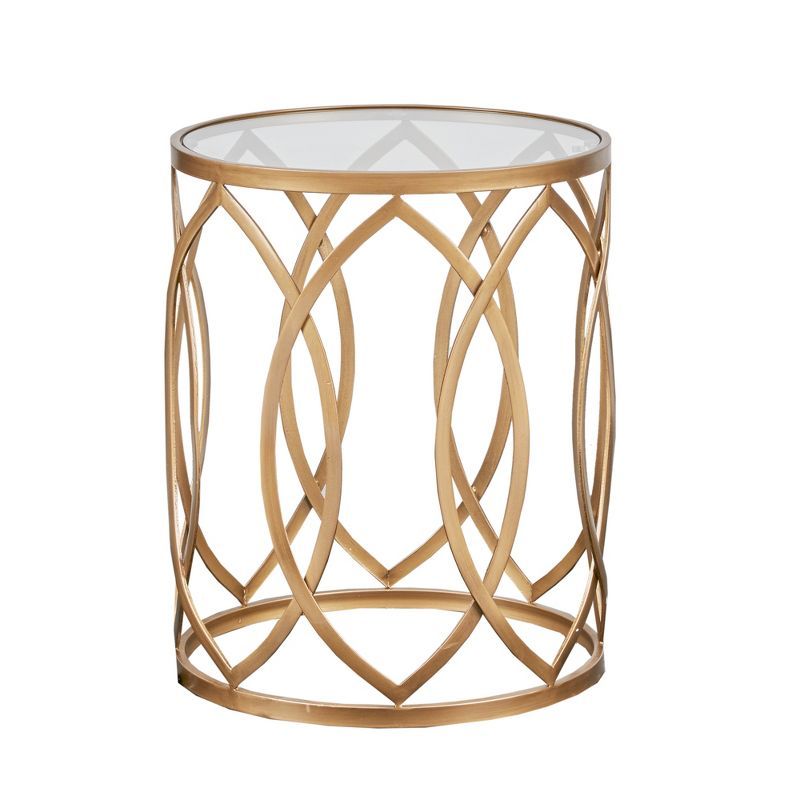 Gaige 16" Round Gold Metal & Glass Eyelet Accent Table