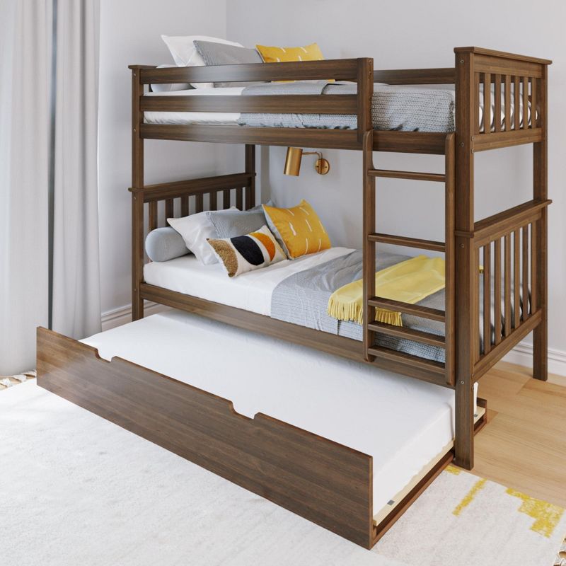 Walnut Twin Over Twin Bunk Bed with Trundle and Storage