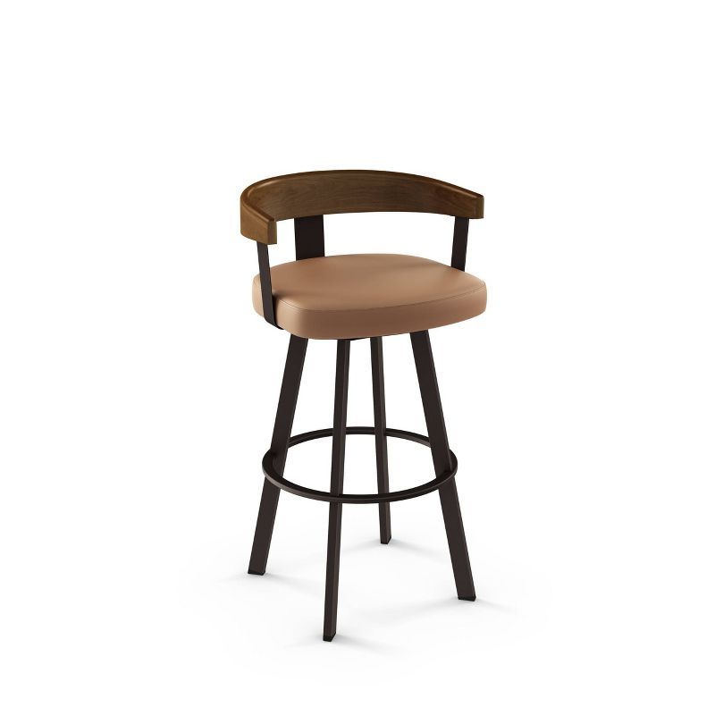 Caramel Faux Leather Swivel Bar Stool with Dark Brown Wood Backrest