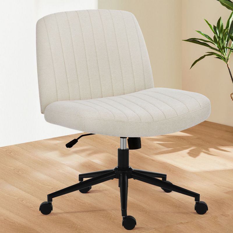 Beige Fabric Armless Swivel Task Chair with Wheels