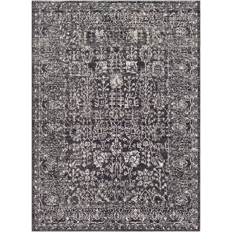 Black and Gray Medium Pile Synthetic Area Rug